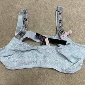 Victoria's Secret Light Blue Lace Bralette with Embellished Straps